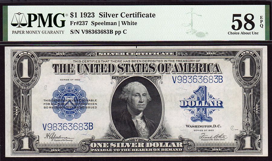 Fr.237, 1923 $1 Silver Certificate, Very Choice AU, PMG58-EPQ, V98363683B